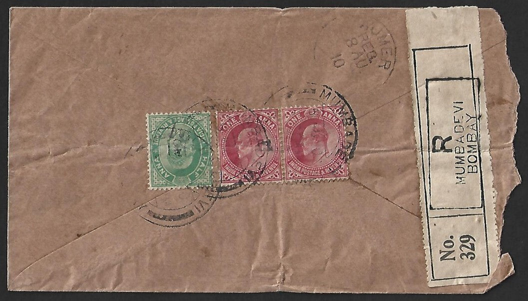 India KEdVII 1ax2 & 1/2a on cover registered Mumbadevi to Ajmer 1910