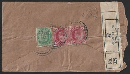 India KEdVII 1ax2 & 1/2a on cover registered Mumbadevi to Ajmer 1910