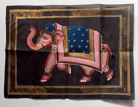 India vintage hand painting on cloth SEVEN ELEPHANTS 9 x 16 inches