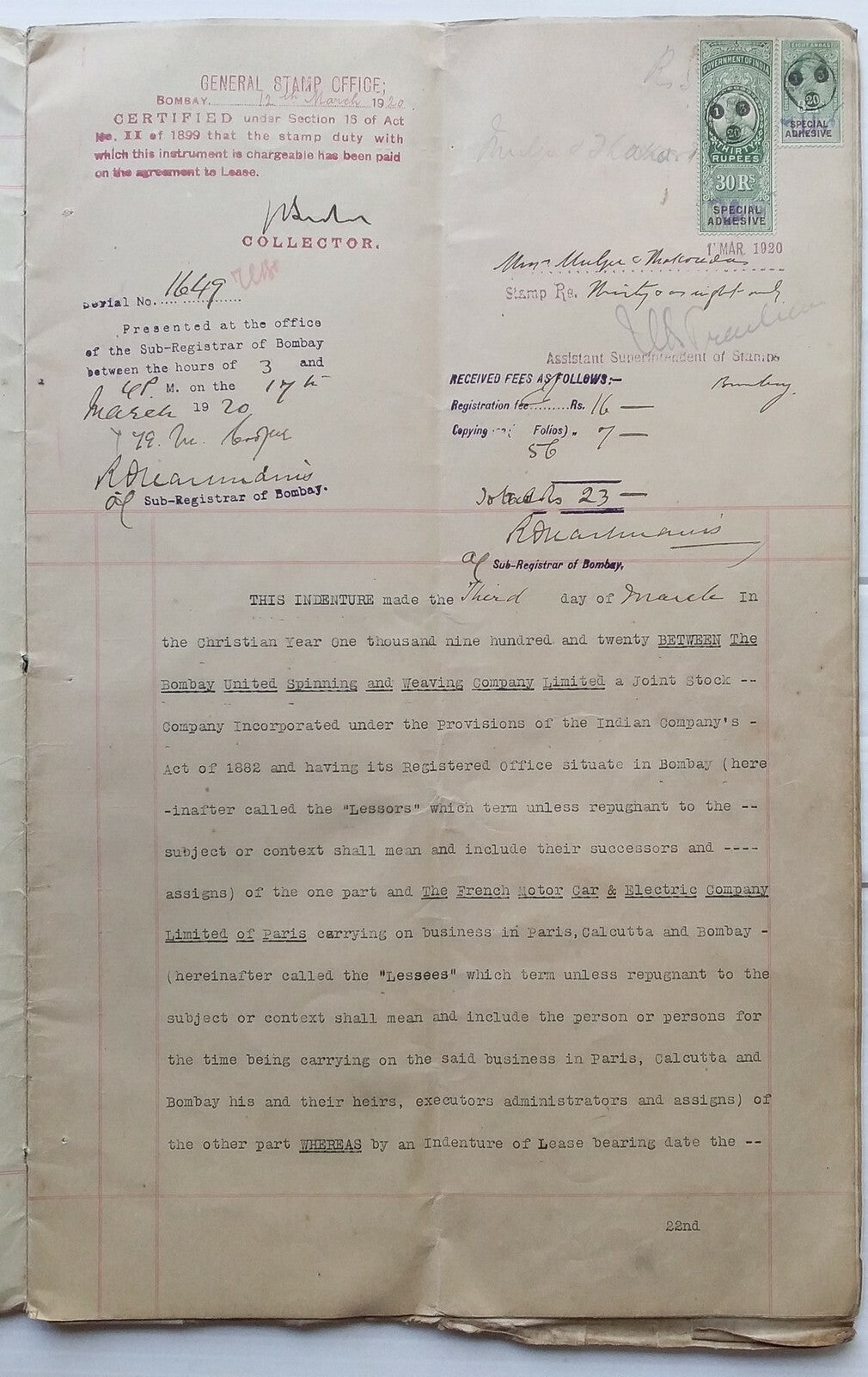 India 1927 Agreement The French Motor Car & Electric Co. Paris