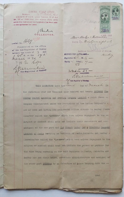 India 1927 Agreement The French Motor Car & Electric Co. Paris