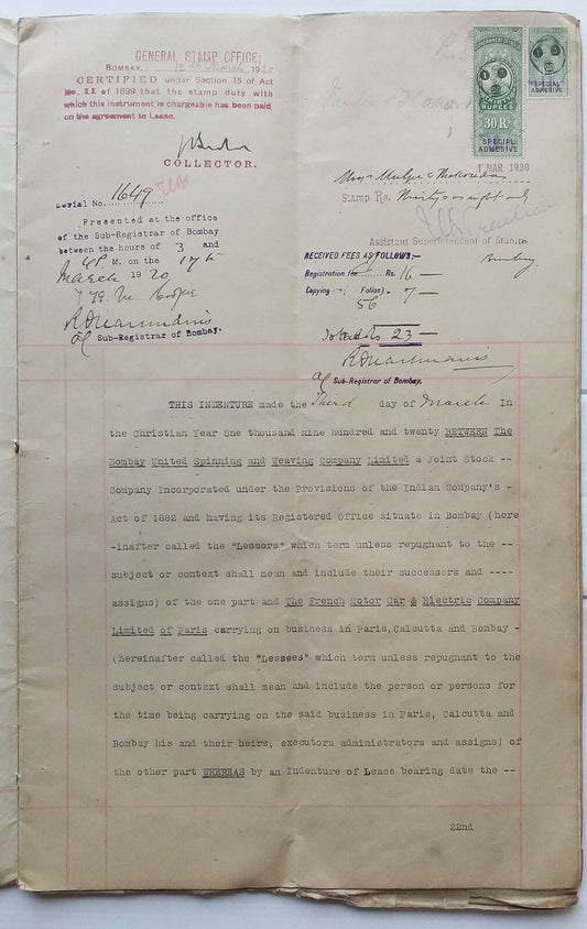 India 1927 Agreement The French Motor Car & Electric Co. Paris