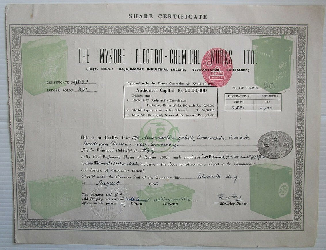 India Mysore Electro - Chemical Works Ltd. 1965 share certificate