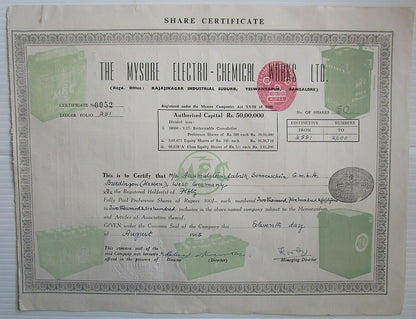 India Mysore Electro - Chemical Works Ltd. 1965 share certificate