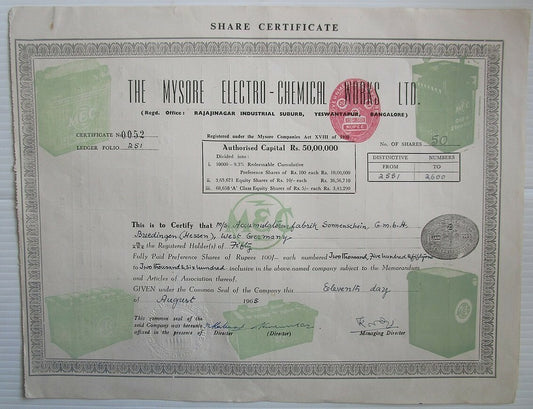 India Mysore Electro - Chemical Works Ltd. 1965 share certificate