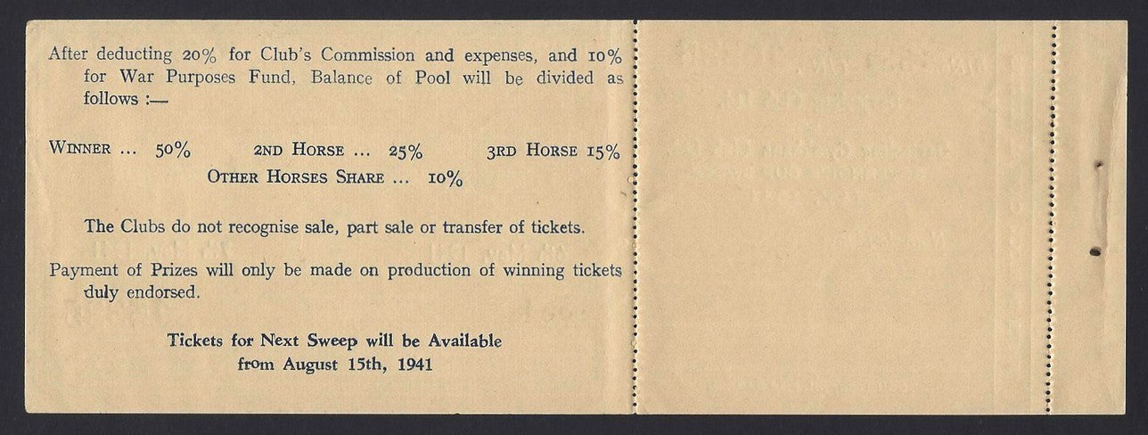India 1941 Darjeeling Gymkhana Club Governor’s Cup Sweep Re.1 ticket