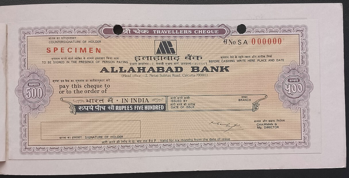 Allahabad Bank, India SPECIMEN travellers checks in folder