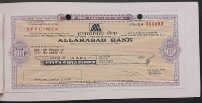 Allahabad Bank, India SPECIMEN travellers checks in folder