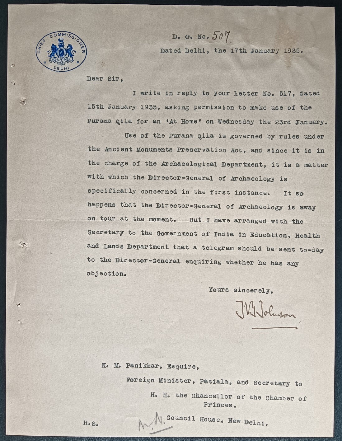 India 1935 crested letter CHIEF COMMISSIONER / DELHI re Monument Preservation