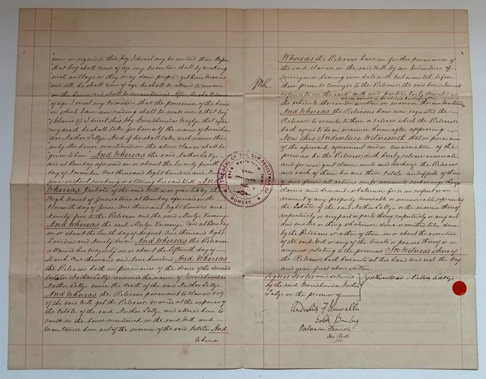 AOP India QV Queen Victoria 1868 Special Adhesive 5R on 1902 indenture 4 pgs