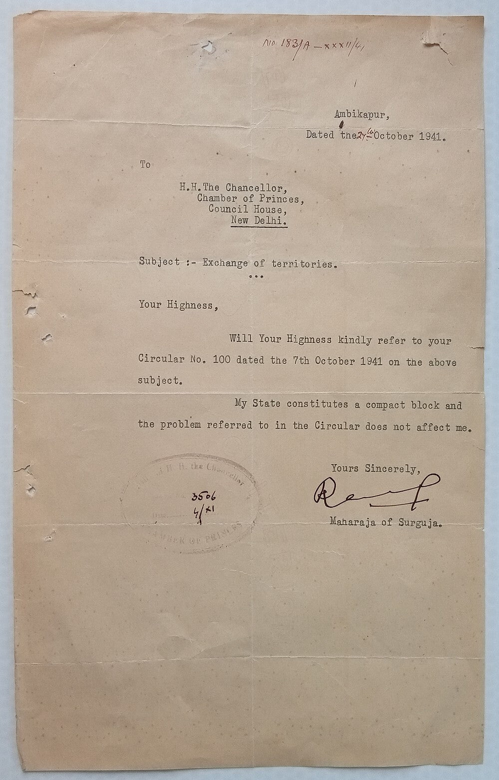 SURGUJA STATE India 1942 letter signed Maharaja Ramanuj Saran Singh Deo