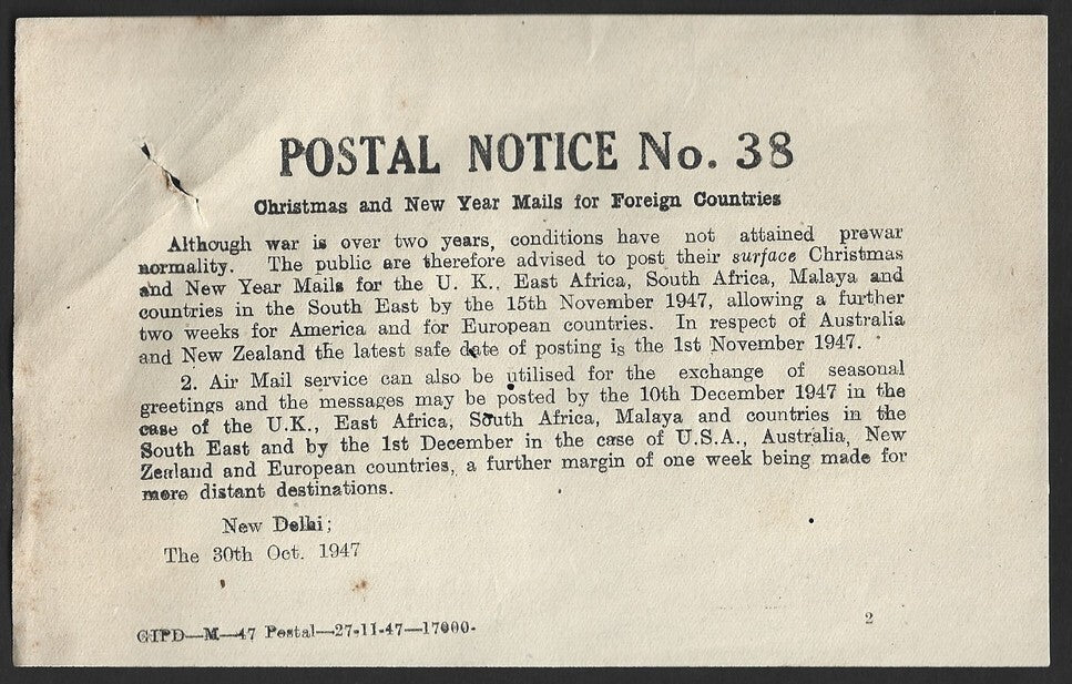India POSTAL NOTICE 30 Oct 1947 Christmas and NY Mailings for Foreign Countries