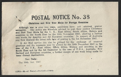India POSTAL NOTICE 30 Oct 1947 Christmas and NY Mailings for Foreign Countries