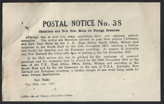India POSTAL NOTICE 30 Oct 1947 Christmas and NY Mailings for Foreign Countries