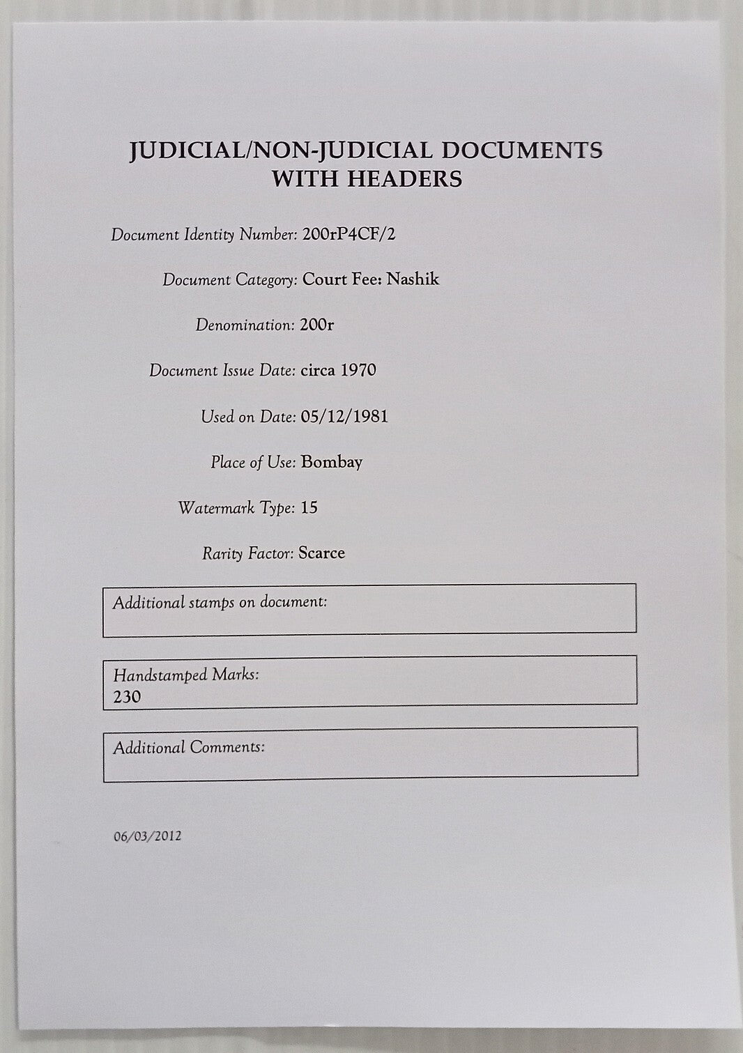 AOP India Capital 200R stamp paper Wmk Type 15