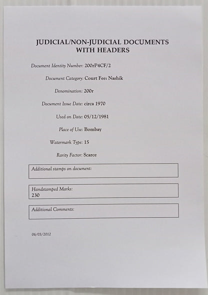 AOP India Capital 200R stamp paper Wmk Type 15
