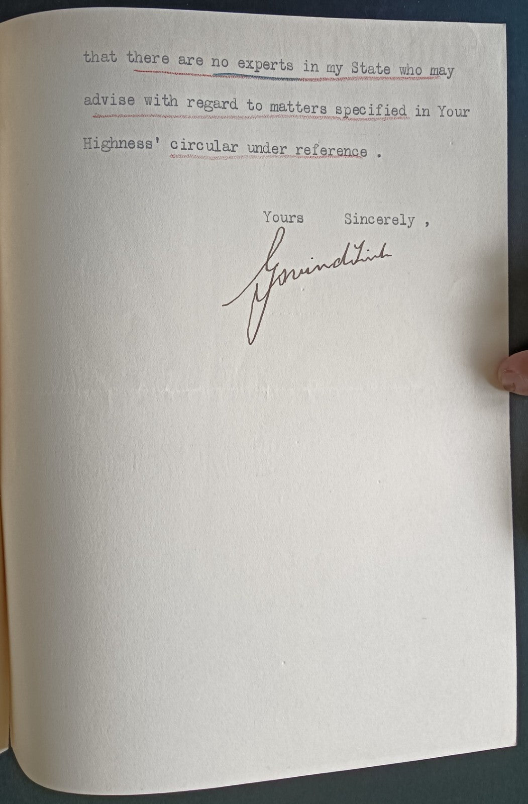 Datia State India 1941 crested letter signed MAHARAJA Govind Singh