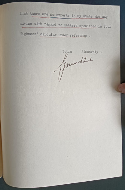 Datia State India 1941 crested letter signed MAHARAJA Govind Singh