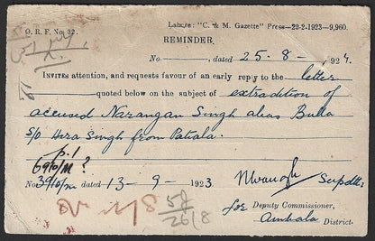 India KGV 1/2a Service Post Card Extradition request used 1924