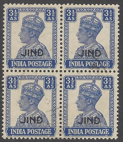 AOP India Jind State KGVI 1941-43 3 1/2a used block of 4. SG 145 £68