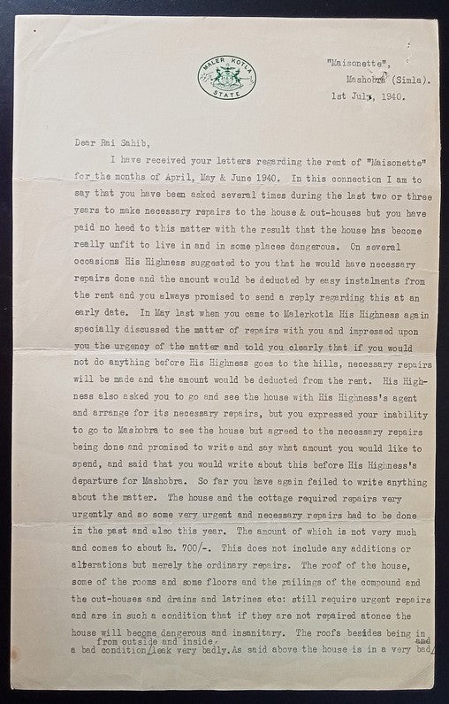 India 1935 crested letter MALER KOTLA STATE about rent for "Maisonette", Simla