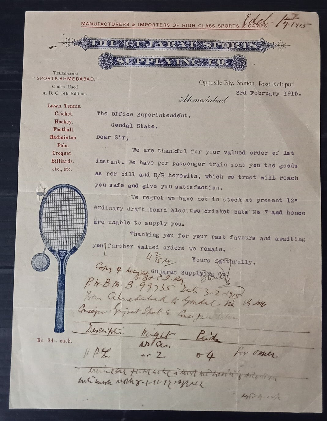 India 1915 The Gujarat Sports Supplying Co. illustrated TENNIS RACKET letterhead
