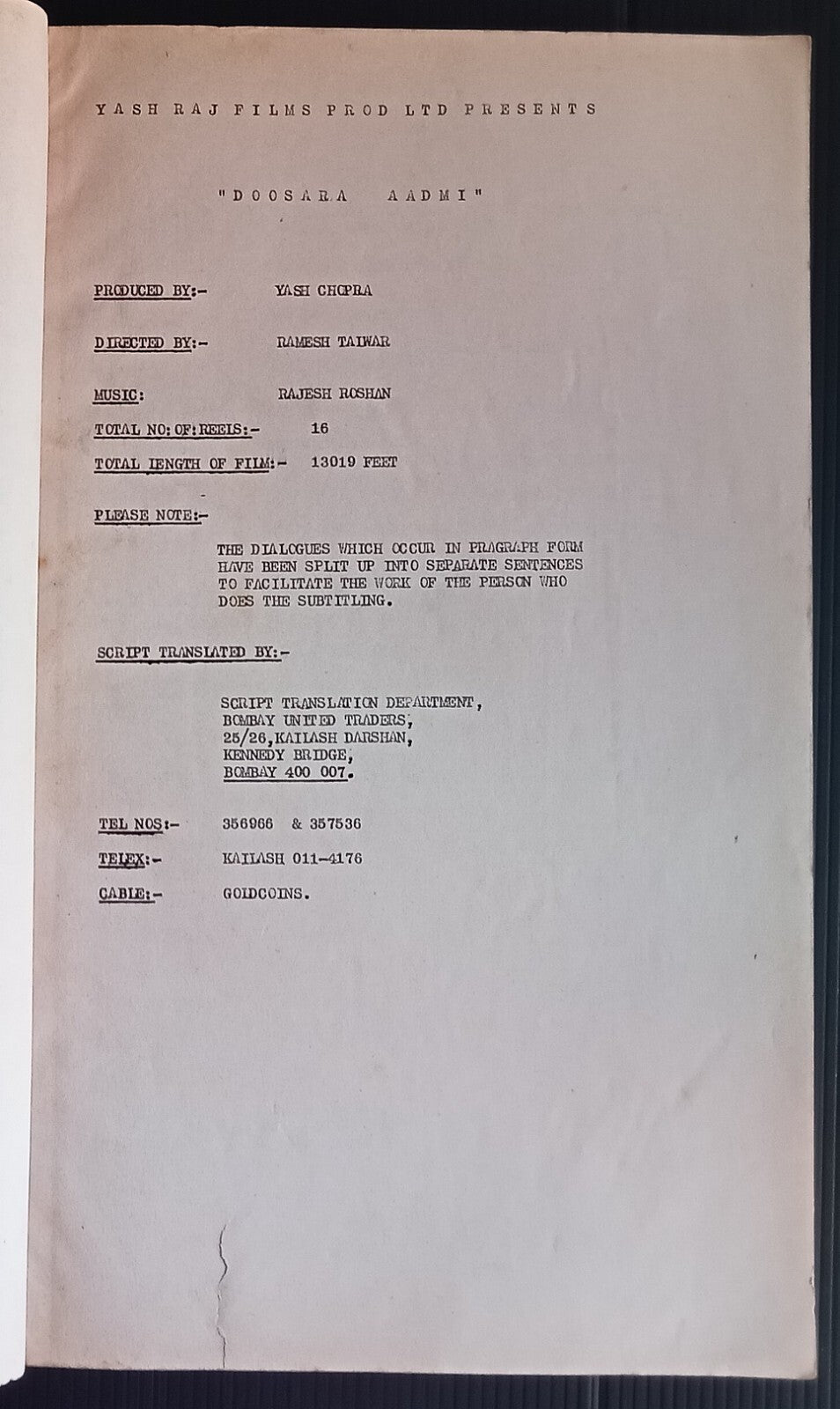 India Bollywood 1977 DOOSARA AADMI Rishi Kapoor post production script - 86pages