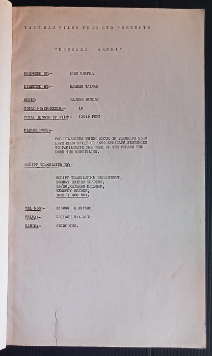 India Bollywood 1977 DOOSARA AADMI Rishi Kapoor post production script - 86pages
