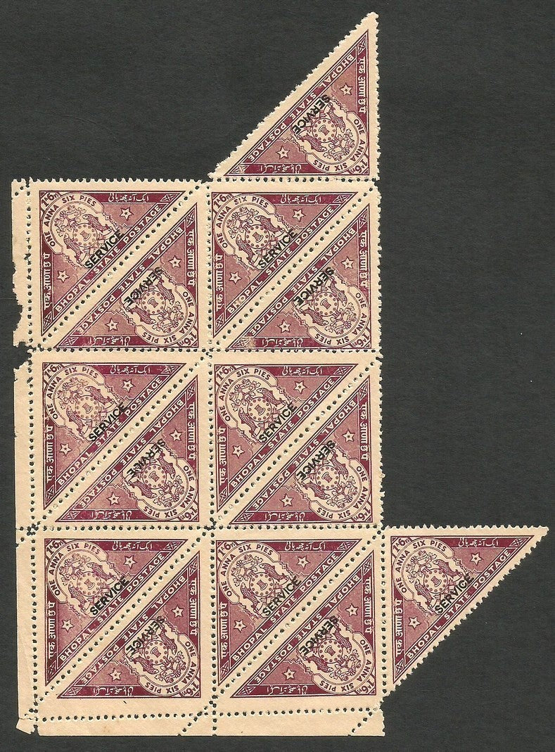 India Bhopal State Official 1935 triangular 1a6p claret MNH block of 14 Ӝ