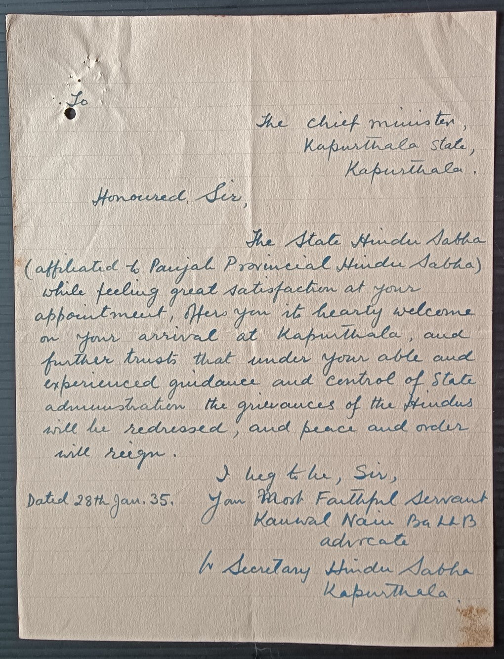 India 1935 Hindu Sabha letter to Col. Fischer, PM Kapurthala