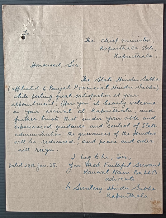 India 1935 Hindu Sabha letter to Col. Fischer, PM Kapurthala