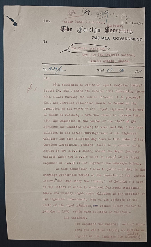 India 1922 HRH The Prince of Wales Visit INTERESTING official letter