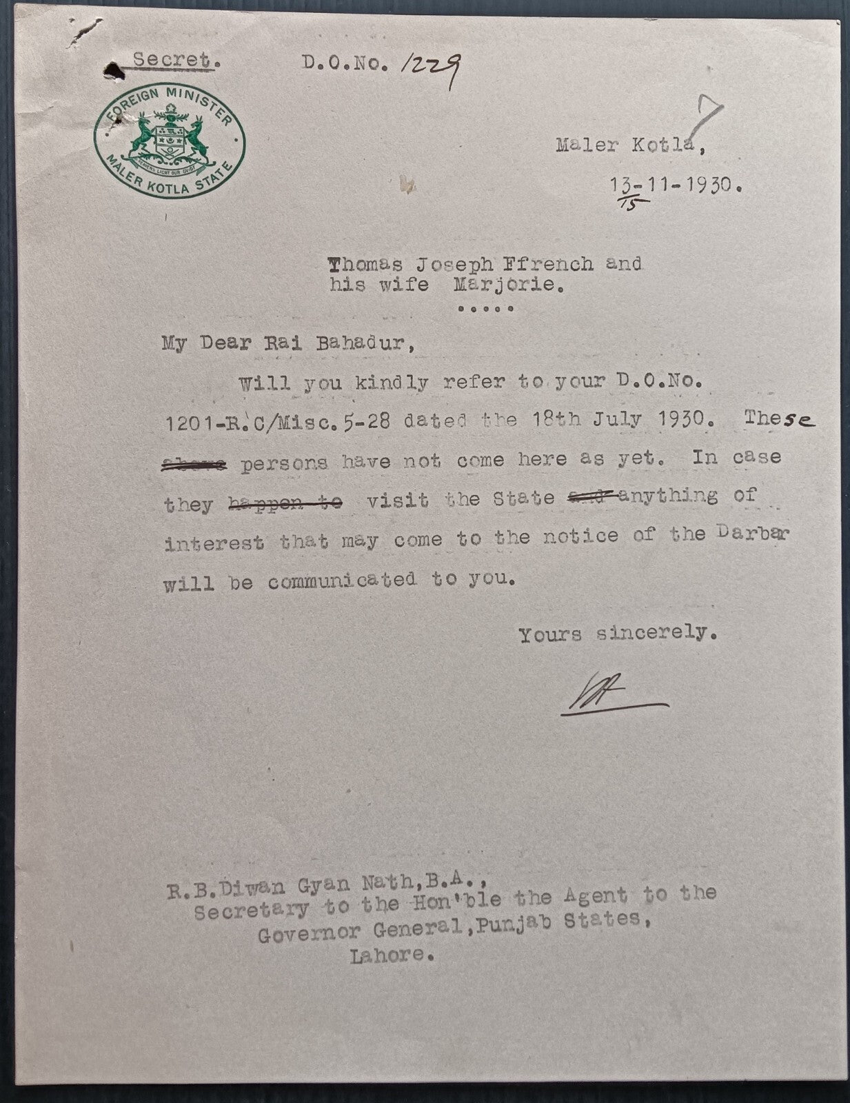 India Maler Kotla State Foreign Minister 1930 signed crested letter