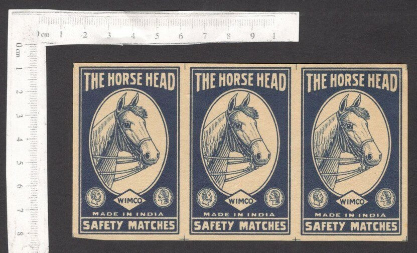India 1930s-40s matchbox label THE HORSE HEAD uncut strip of 3 labels