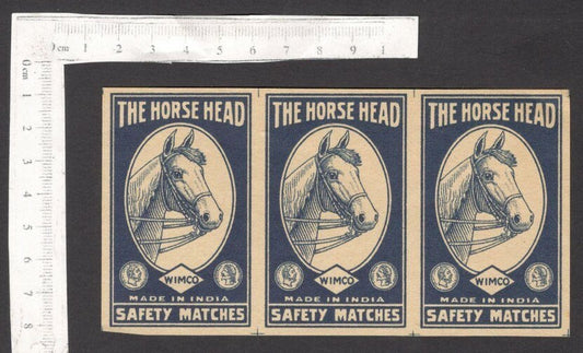 India 1930s-40s matchbox label THE HORSE HEAD uncut strip of 3 labels