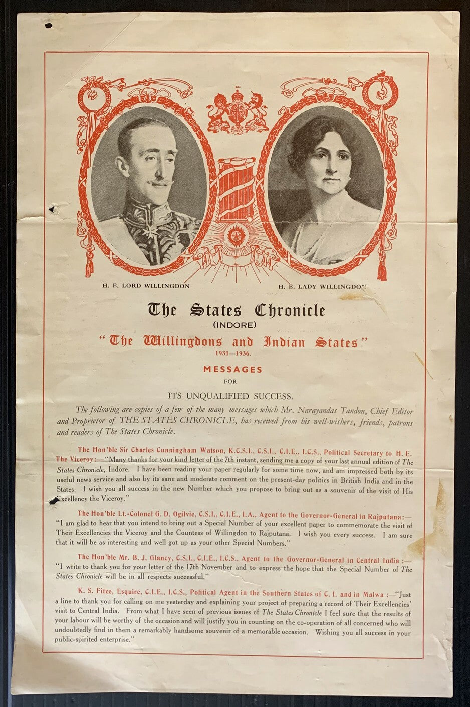 AOPIMT India 1936 A-4 size illus leaflet "The Willingdons and Indian State"