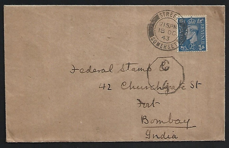 GB WW2 1943 censored cover Street/Somerset to Bombay, India