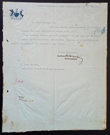 India 1947 signed by RULER OF DARKOTI crested letter
