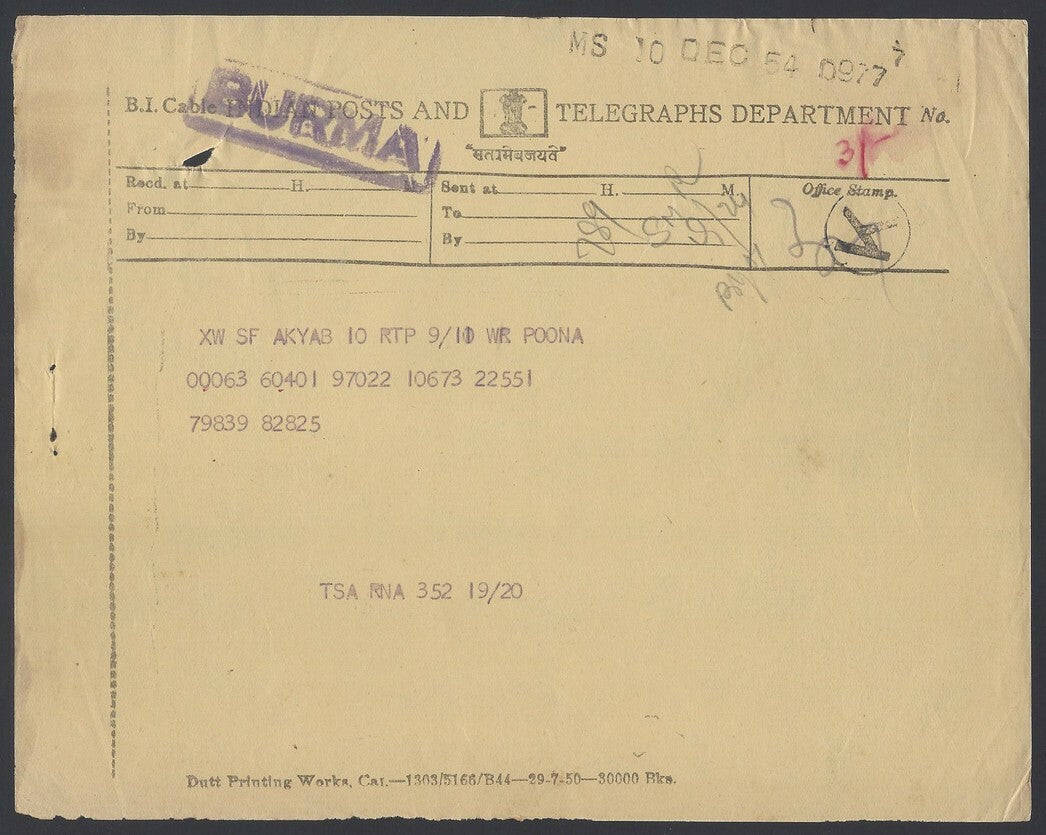 1954 B.I. Cable India Post & Telegraphs Telegram to Burma