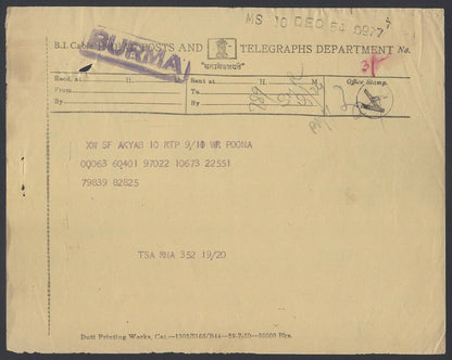1954 B.I. Cable India Post & Telegraphs Telegram to Burma