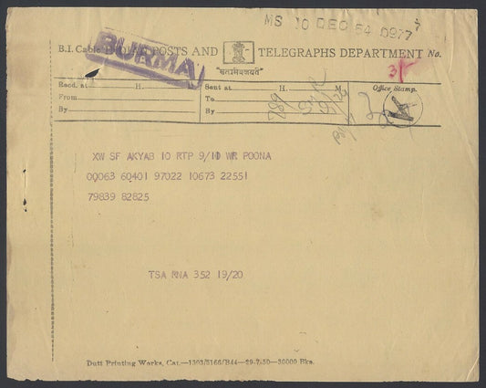 1954 B.I. Cable India Post & Telegraphs Telegram to Burma