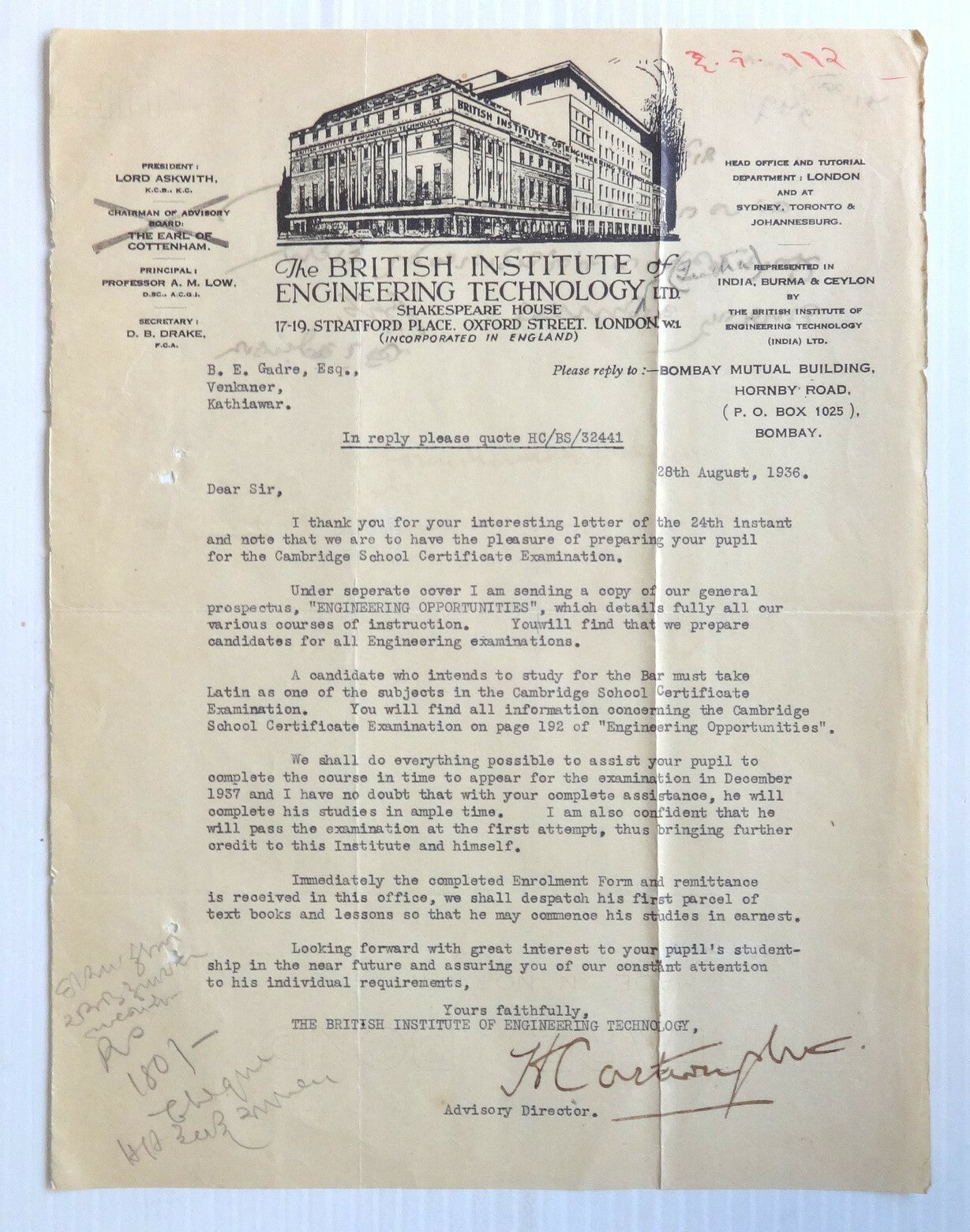 India 1936 illus letterhead British Institute Engineering Technology Bombay