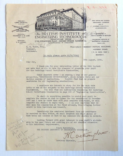 India 1936 illus letterhead British Institute Engineering Technology Bombay