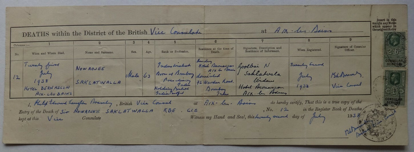 Death Record Nowrojee Saklatvala Chairman Tata Sons India at Aix les Bains 1938