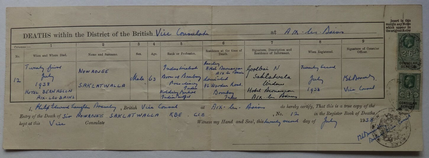 Death Record Nowrojee Saklatvala Chairman Tata Sons India at Aix les Bains 1938