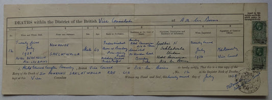 Death Record Nowrojee Saklatvala Chairman Tata Sons India at Aix les Bains 1938