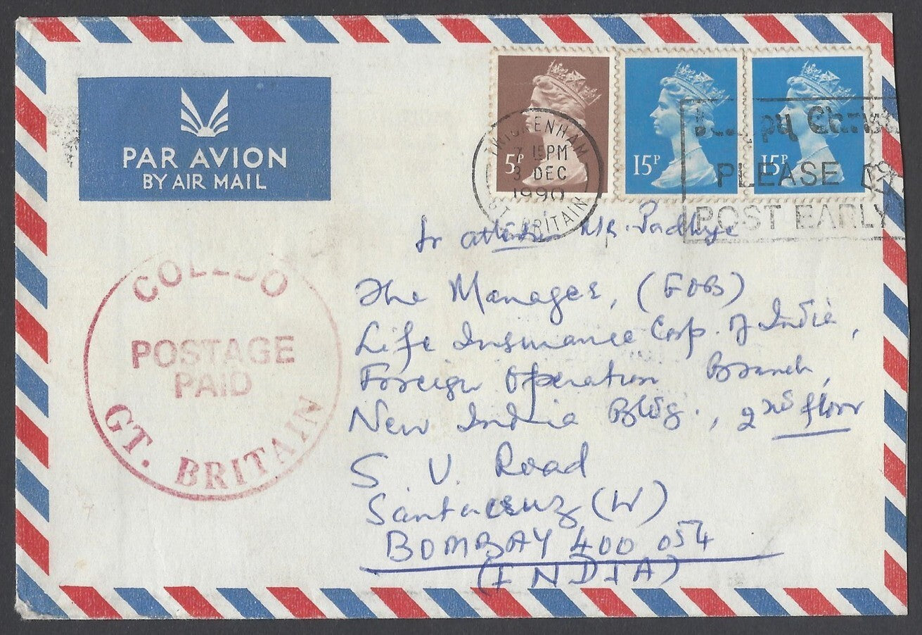 AOP GB 1990 cover to India with "COLEDO/POSTAGE PAID/GT. BRITAIN" cachet