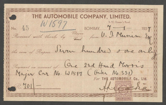 AOP India THE AUTOMOBILE C0MPANY, Bombay 1937 stamped receipt