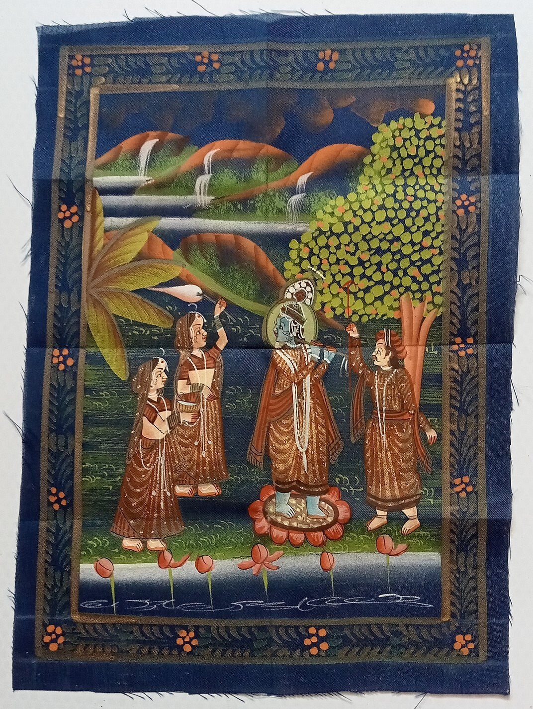 India vintage hand painting on cloth RADHA & KRISHNA 8 x 12 inches