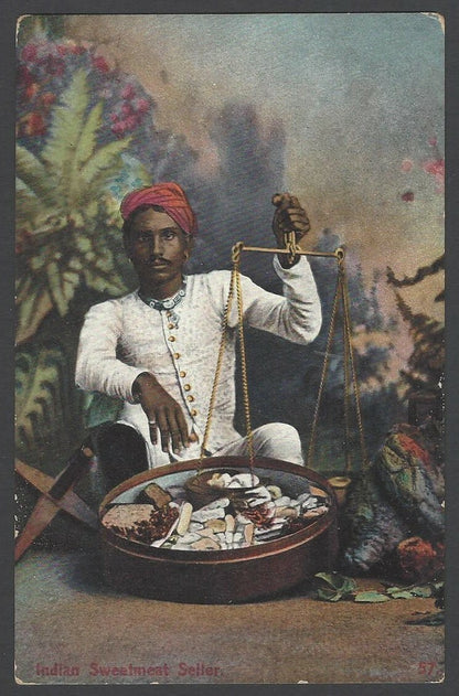India vintage colour postcard INDIAN SWEETMEAT SELLER